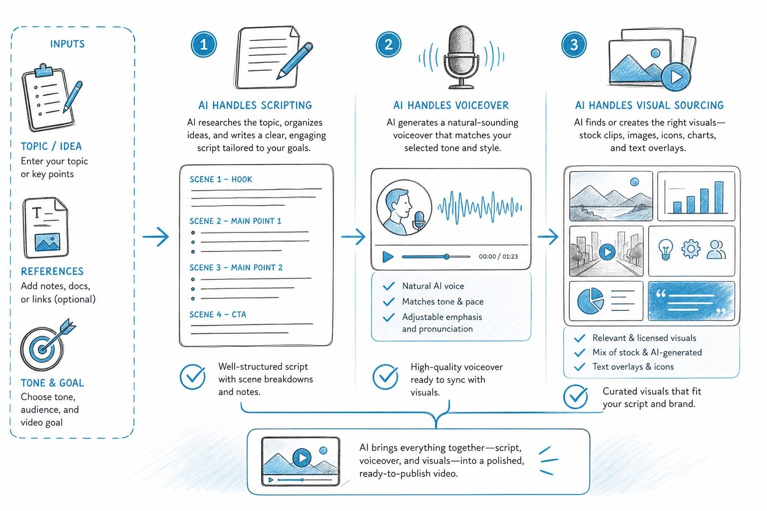 Infographic: How AI handles scripting, voiceover, and visual sourcing