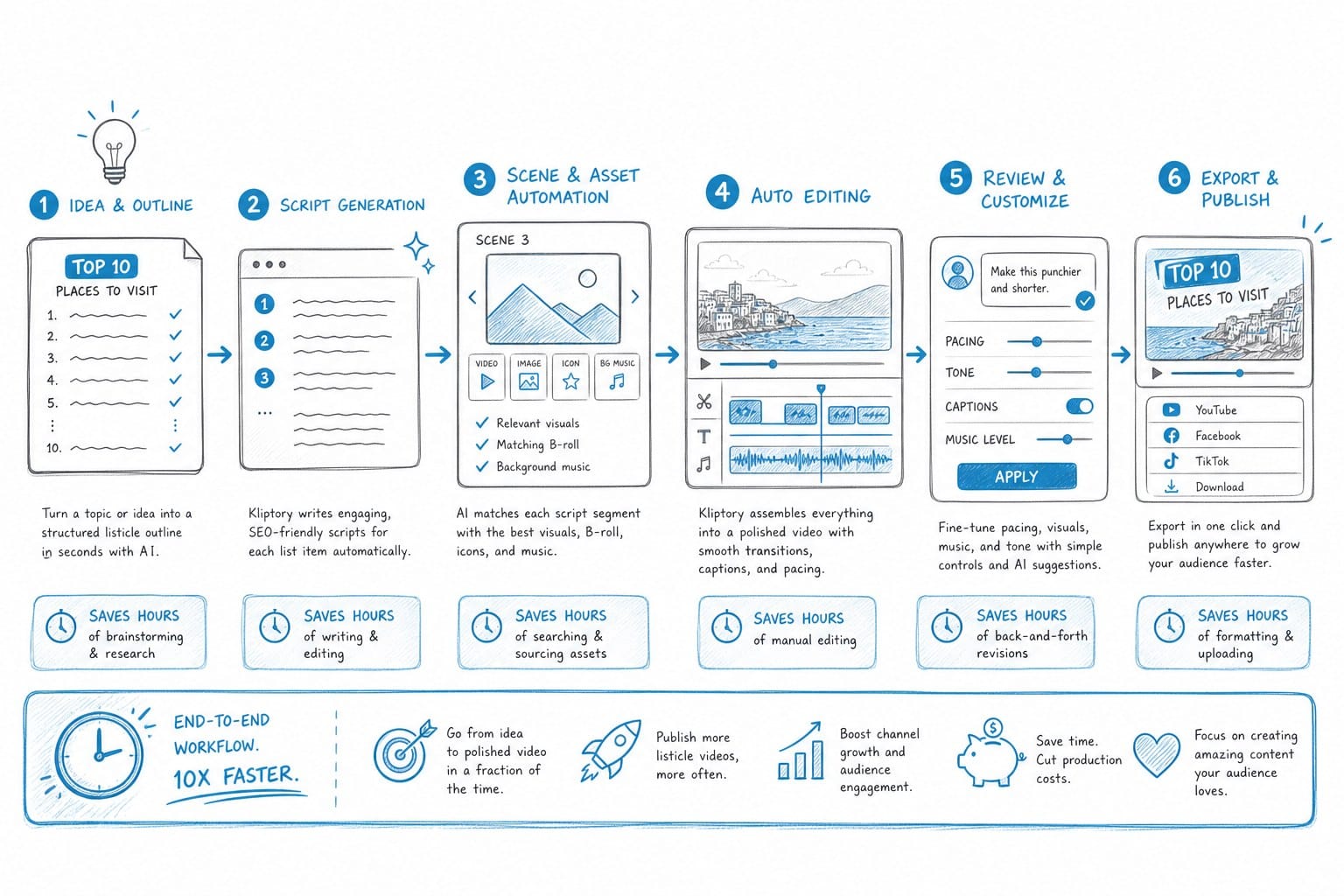 Infographic: How Kliptory speeds up listicle video production from start to finish