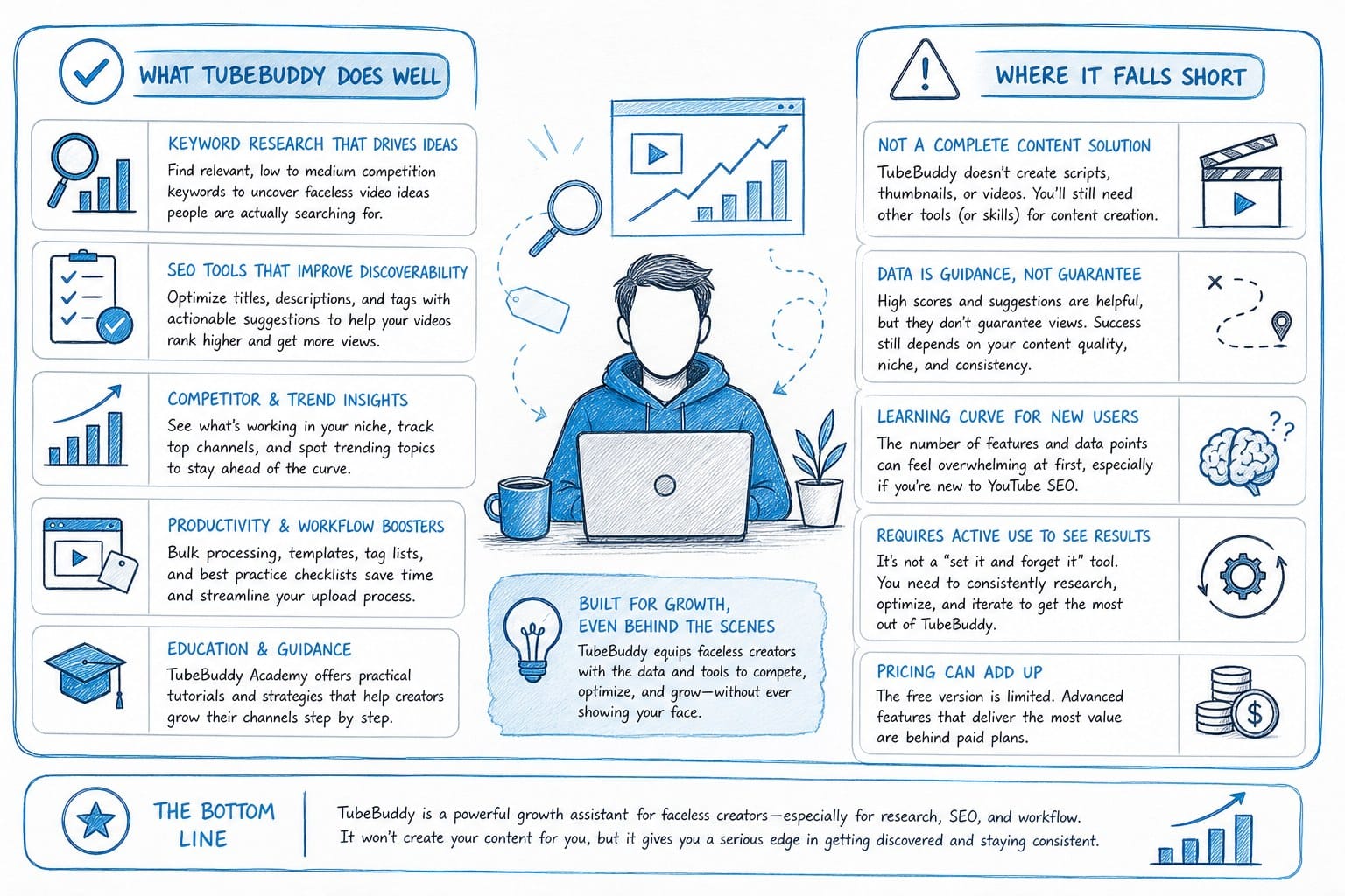 Infographic: What TubeBuddy does well and where it falls short for faceless creators