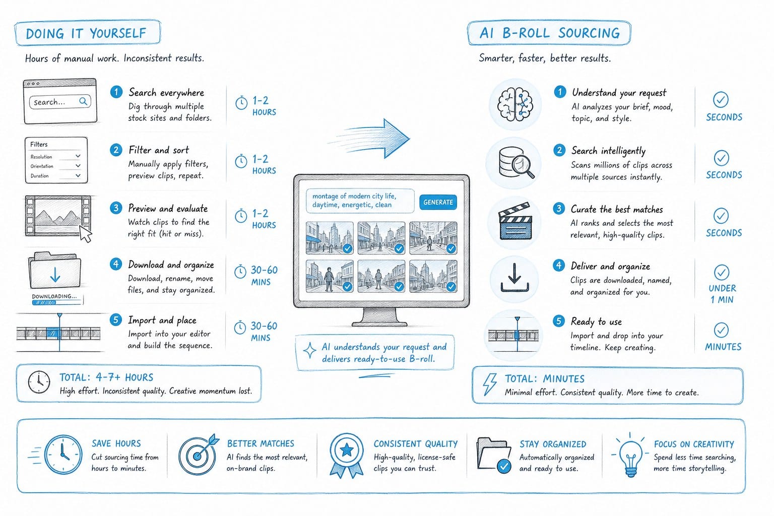 Infographic: What AI B-roll sourcing actually does (and why it beats doing it yourself)