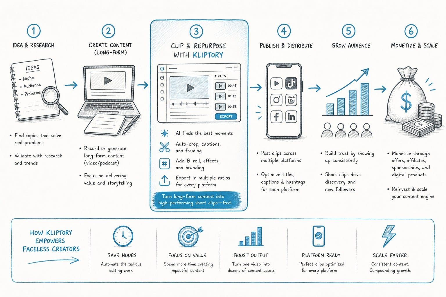 Infographic: How Kliptory fits into the faceless creator workflow