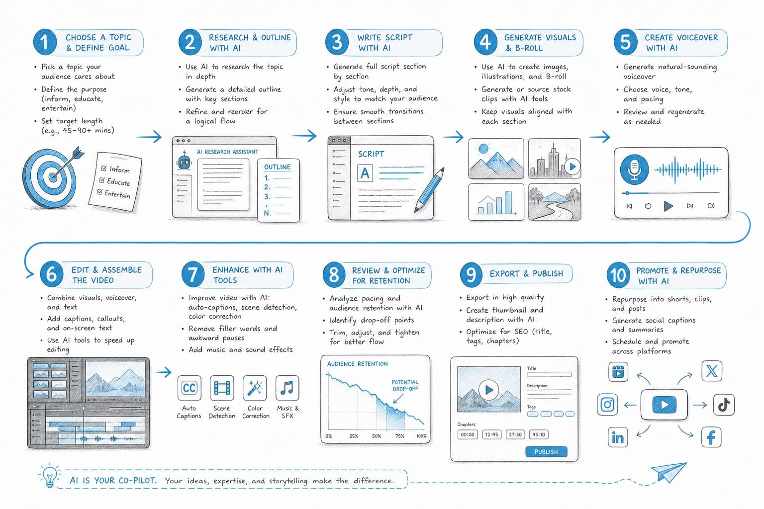 Infographic: The step-by-step process for building ultra long form videos with AI