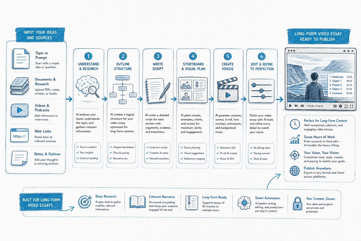 Infographic: How Kliptory works as an AI video essay maker for long-form content