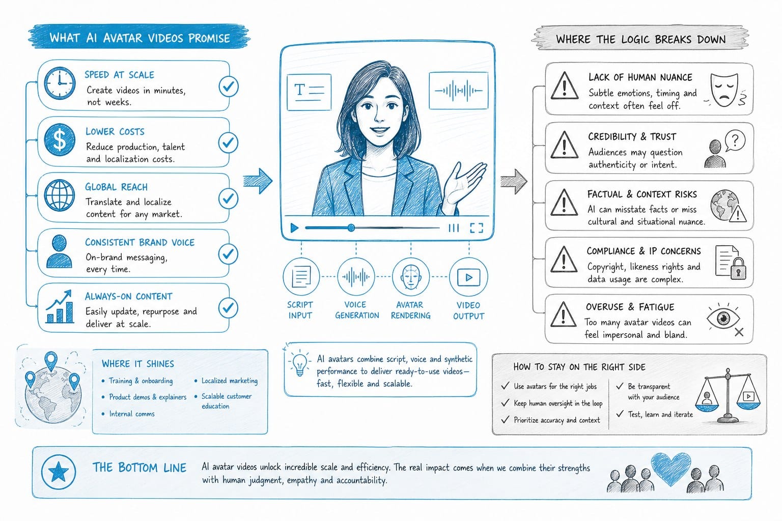 Infographic: What AI avatar videos promise and where the logic breaks down